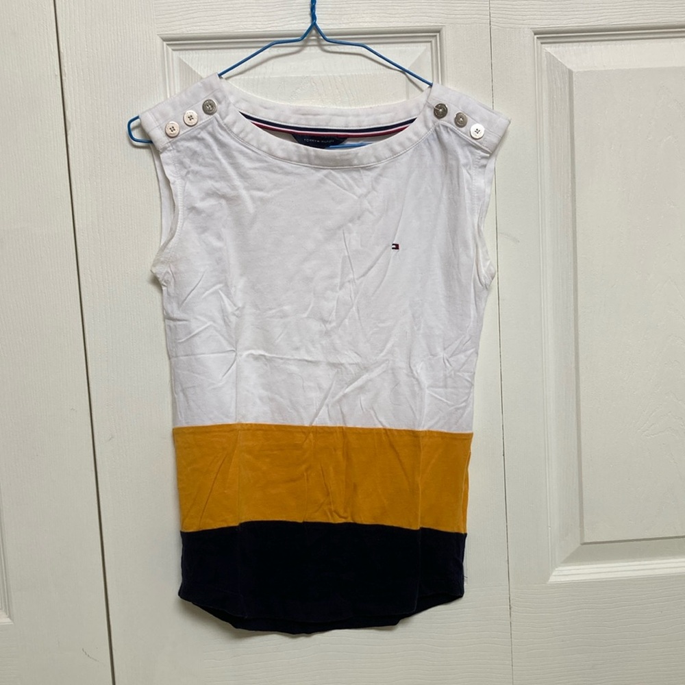 White, Yellow, and Black Sleeveless Top